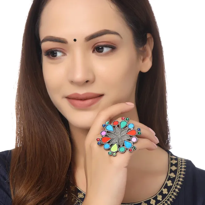 Yellow Chimes Rings Yellow Chimes Rings For Women Afgahni Silver Oxidised Floral Designed Multicolor Stone Studded Antique Finger Ring For Women and Girls