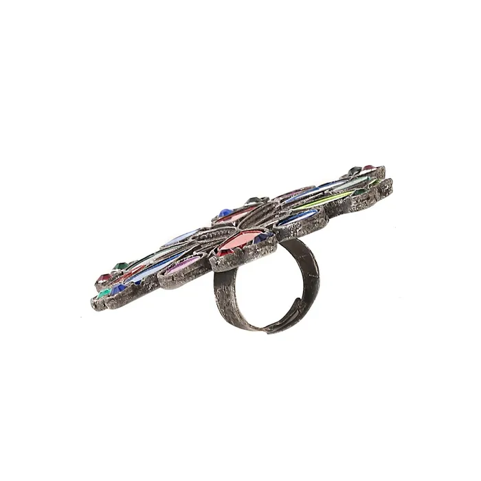 Yellow Chimes Rings Yellow Chimes Rings For Women Afgahni Silver Oxidised Floral Designed Multicolor Stone Studded Antique Finger Ring For Women and Girls