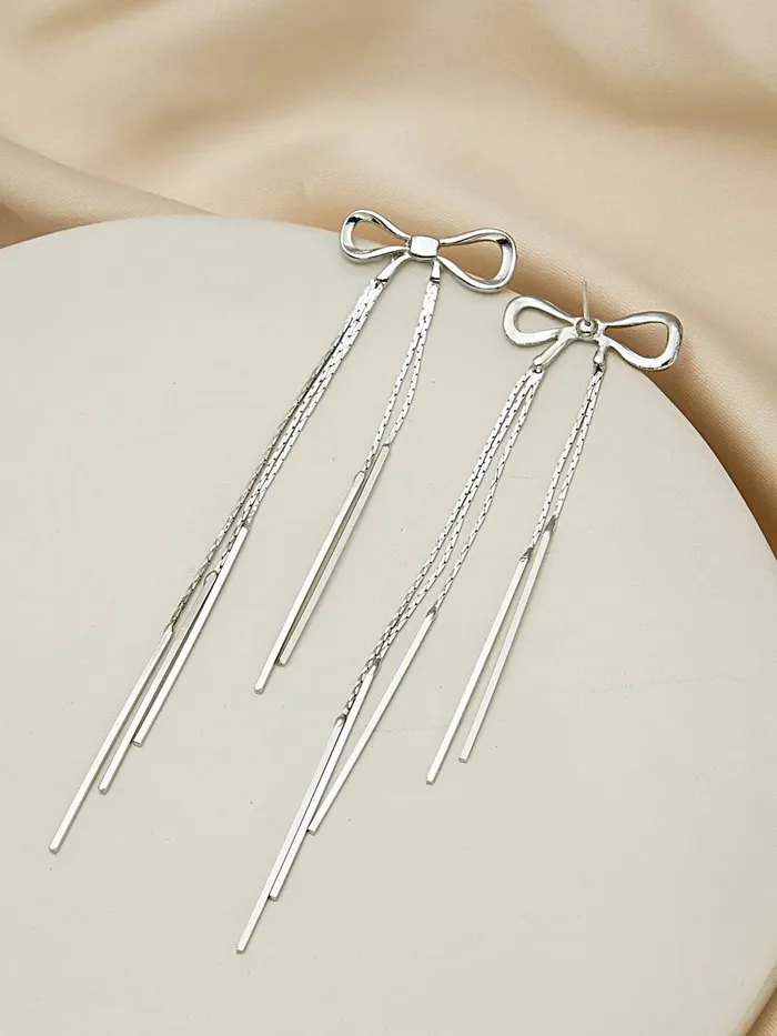 Yellow Chimes Yellow Chimes Earrings For Women Silver Toned Bow Shaped Chain Hanging Dangler Earrings For Women and Girls Earrings