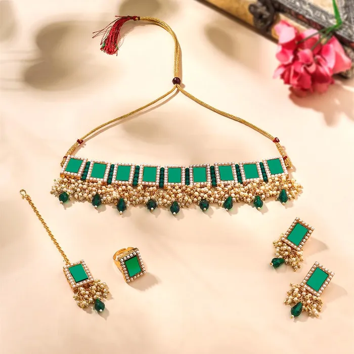 Yellow Chimes Yellow Chimes Jewellery Set for Women Traditional Green Mothi Beads Choker Necklace Set Ethnic Gold Plated Choker Set for Girls Birthday Gift for Girls Women Anniversary Gift for Wife Necklaces